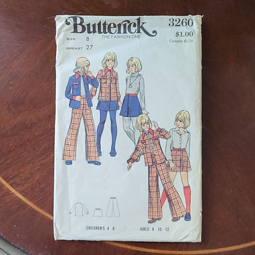 3/$15 Vintage 70s Girls Jacket Skirt Pants Butterick Sewing Pattern 3260 sz 8 